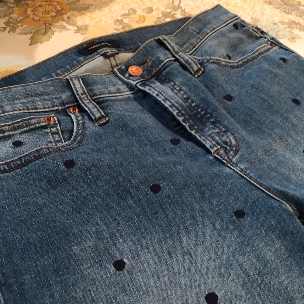 J. Crew 9” high rise toothpick jean polka dots 30